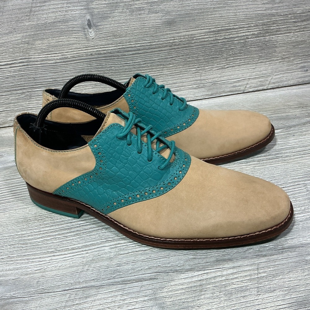 Cole Haan Tan Suede Green Croc Embossed Laced-Up Oxford Men's 9.5M Formal Career